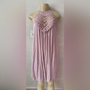 Chic Crochet Neckline Midi Dress in Light Pink sexy beach boho Y2K fit flare